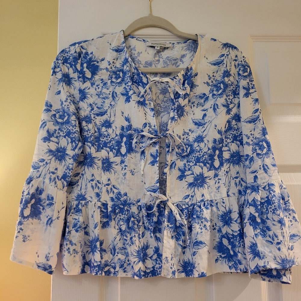 Olivacecous Floral Blue and White Linen Women's Top